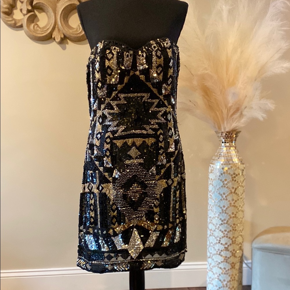 Elegant Black and Gold Strapless Camille La Vie Dress
